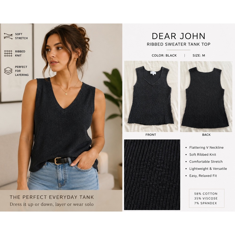 Dear John Ribbed Sweater Tank Top Black V Neck Stretch Knit Quiet Luxury M